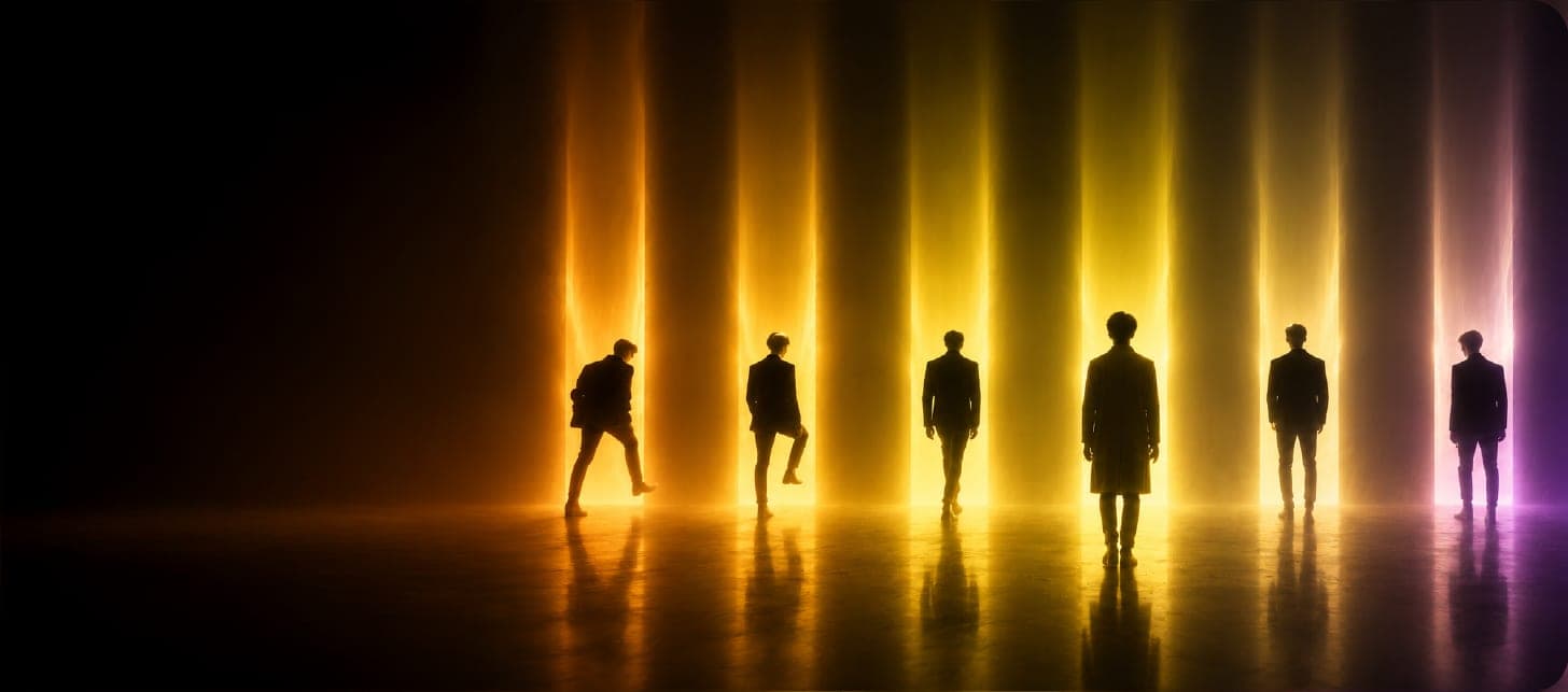 Row of silhouetted figures before columns of coloured light, representing a creator community