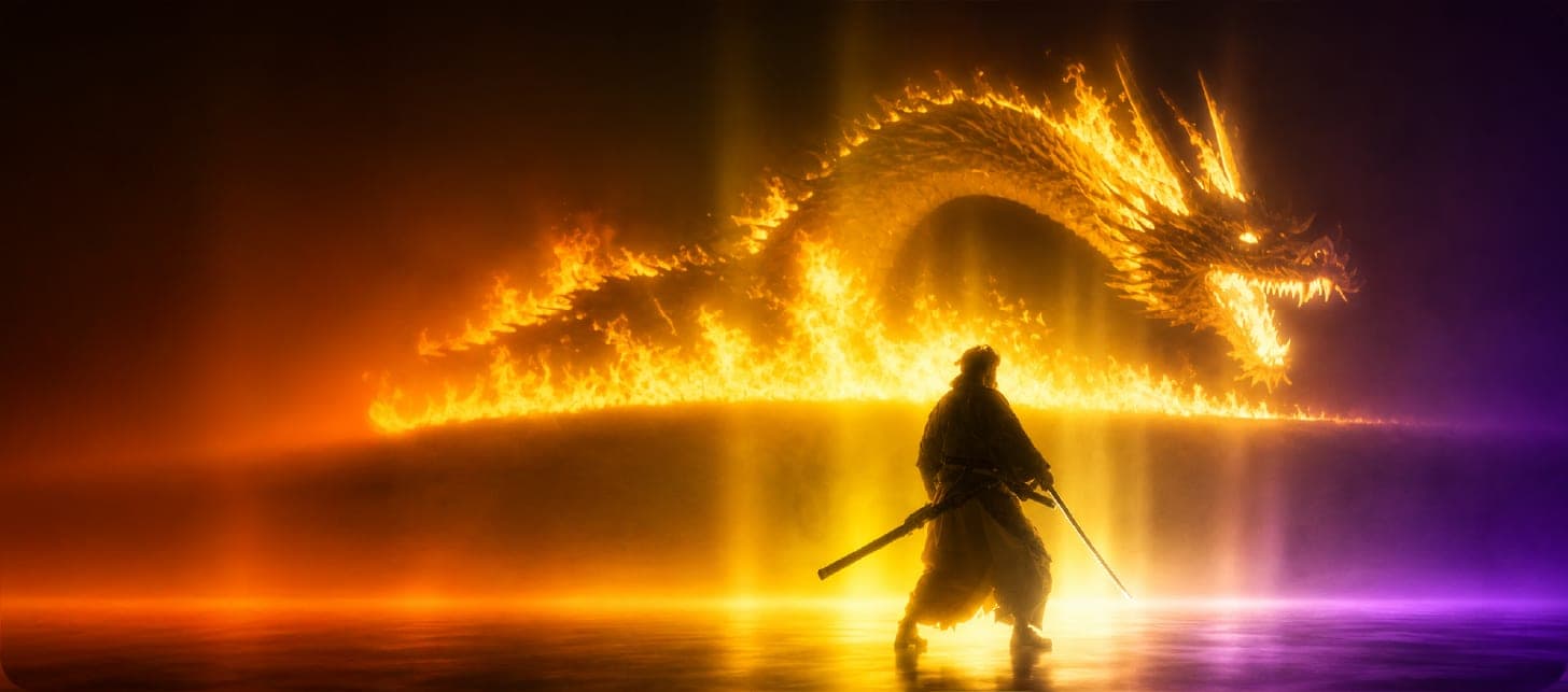Lone figure facing a dragon of fire above still water, representing brands meeting powerful creators